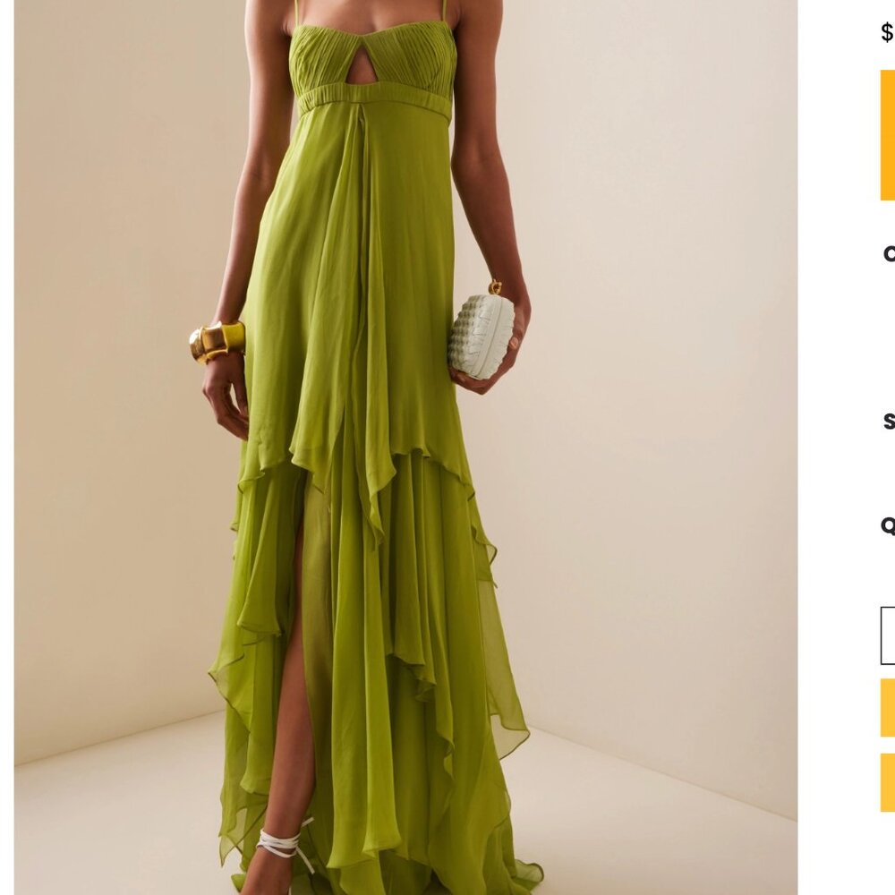 Green Solid Pleated Cut-Out Maxi Dress